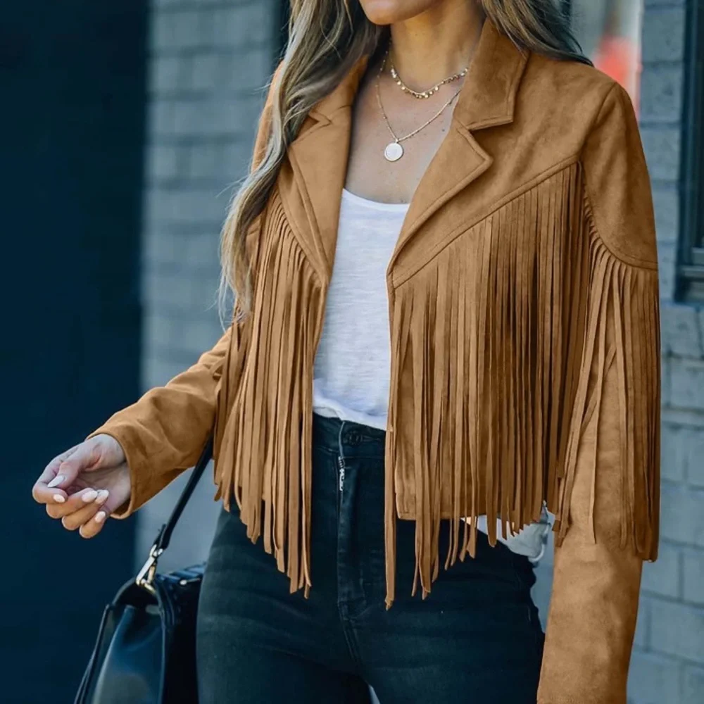 Brown Fringe Faux Suede Leather Cowboy Style Long Sleeve Coat - Picture 14 of 14